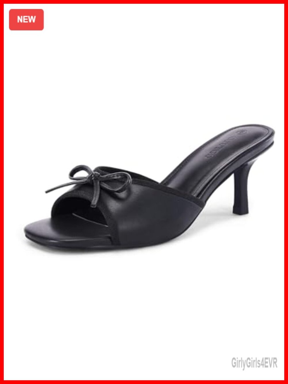 Womens Faux Leather Kitten Heel Mules Square Toe Bow Slide Sandals